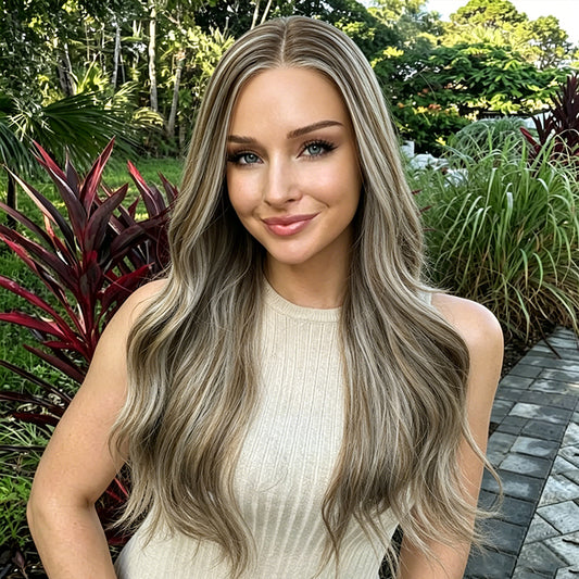 Ash Brown Blend Long Wavy Heat Friendly Synthetic Wig (Mono Top)
