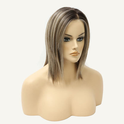 Ash Light Blonde Subtle Brown Sleek Bob Cut Heat Resistant Synthetic Wig Lightweight