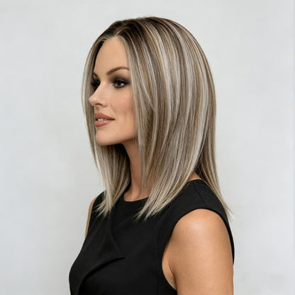 Ash Light Blonde Subtle Brown Sleek Bob Cut Heat Resistant Synthetic Wig Lightweight