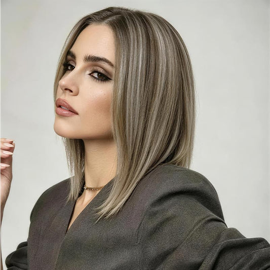 Ash Light Blonde Subtle Brown Sleek Bob Cut Heat Resistant Synthetic Wig Lightweight