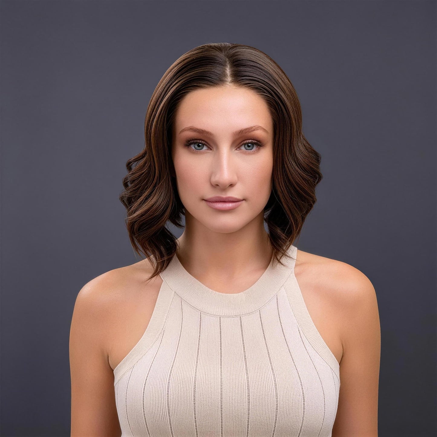 Beige Ash Blonde Brown Shoulder-Length Synthetic Heat-Friendly Wavy Hair Wig