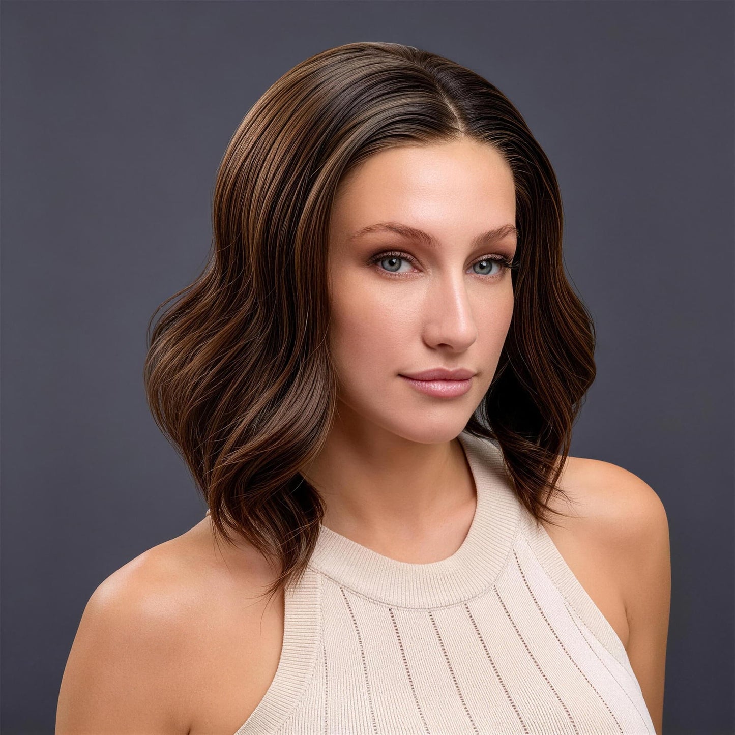 Beige Ash Blonde Brown Shoulder-Length Synthetic Heat-Friendly Wavy Hair Wig