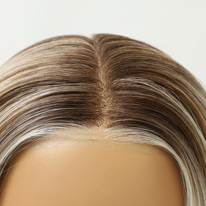Beige Blonde Dark Roots Synthetic Wig Mono Top Natural Looking Wig
