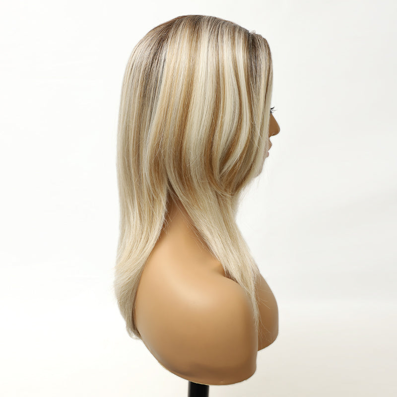Beige Blonde Dark Roots Synthetic Wig Mono Top Natural Looking Wig