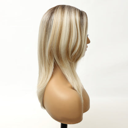 Beige Blonde Dark Roots Synthetic Wig Mono Top Natural Looking Wig