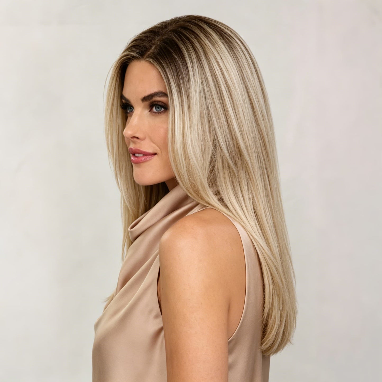 Beige Blonde with Dark Root Shoulder-Length Synthetic Heat-Friendly Wig
