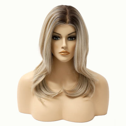 Beige Blonde with Dark Root Shoulder-Length Synthetic Heat-Friendly Wig