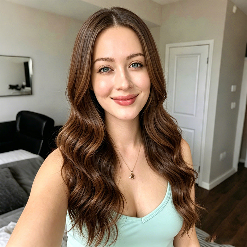 Chestnut Brown Highlight Long Body Wave Synthetic Wig Mono Top