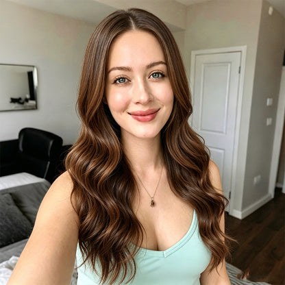Chestnut Brown Highlight Long Body Wave Synthetic Wig Mono Top