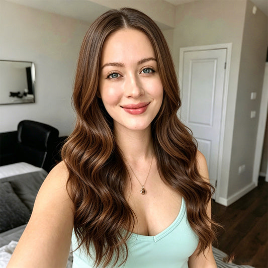 Chestnut Brown Highlight Long Body Wave Synthetic Wig Mono Top