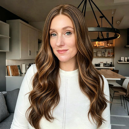 Chestnut Brown Highlight Long Body Wave Synthetic Wig Mono Top