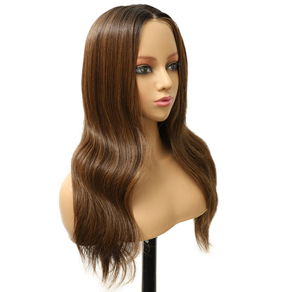 Chestnut Brown Highlight Long Body Wave Synthetic Wig Mono Top