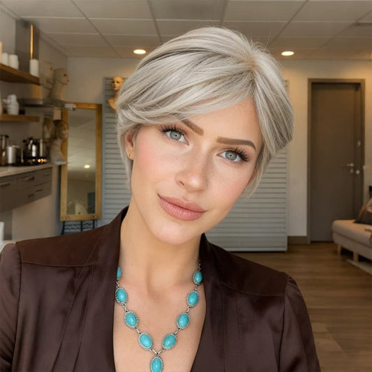 Layered Pixie Cut Silver Gray Synthetic Wig (MONO TOP)