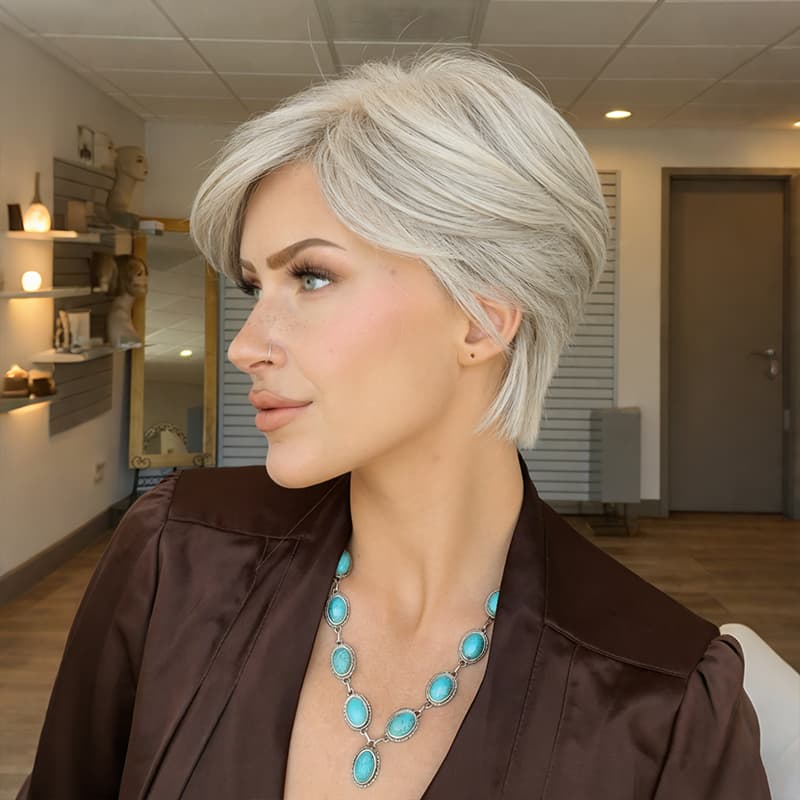 Layered Pixie Cut Silver Gray Synthetic Wig (MONO TOP)