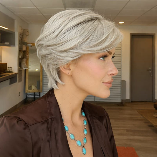 Layered Pixie Cut Silver Gray Synthetic Wig (MONO TOP)