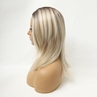 Dark Root Platinum Blonde Highlights Long Straight Synthetic Wig Mono Top Nature Look