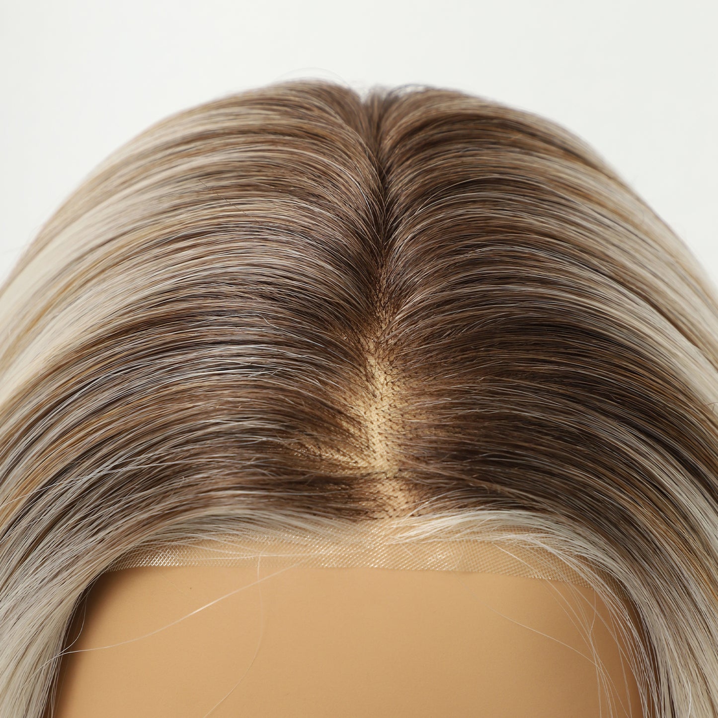 Dark Root Platinum Blonde Highlights Long Straight Synthetic Wig Mono Top Nature Look
