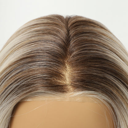 Dark Root Platinum Blonde Highlights Long Straight Synthetic Wig Mono Top Nature Look