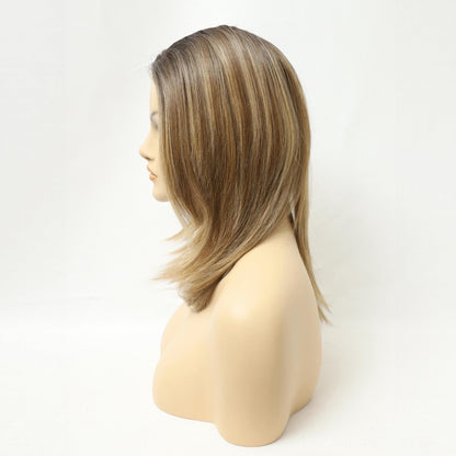 Honey Blonde Brown Long Straight Synthetic Hair Wig With Mono Top Natural Look