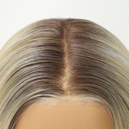 Dark Root Champagne Blonde Wavy Bob MONO Top Synthetic Wig Natural-Looking
