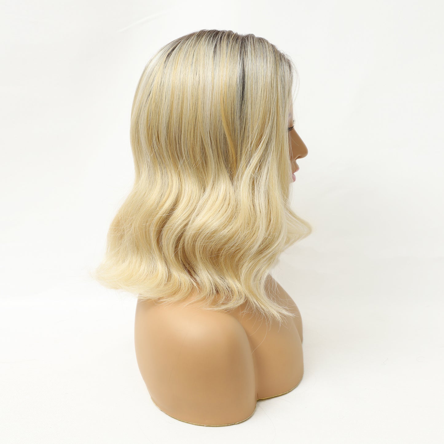 Dark Root Champagne Blonde Wavy Bob MONO Top Synthetic Wig Natural-Looking