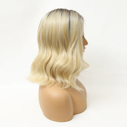 Dark Root Champagne Blonde Wavy Bob MONO Top Synthetic Wig Natural-Looking