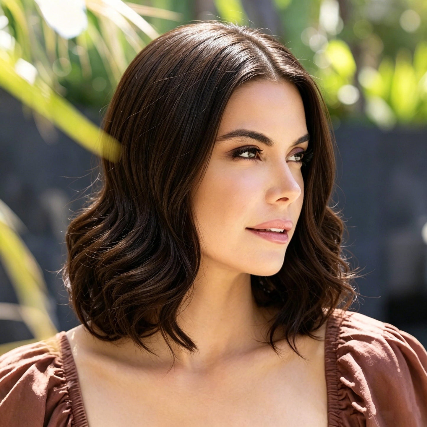 Chocolate Brown Shoulder Length Natural Wave Synthetic Wig Mono Top