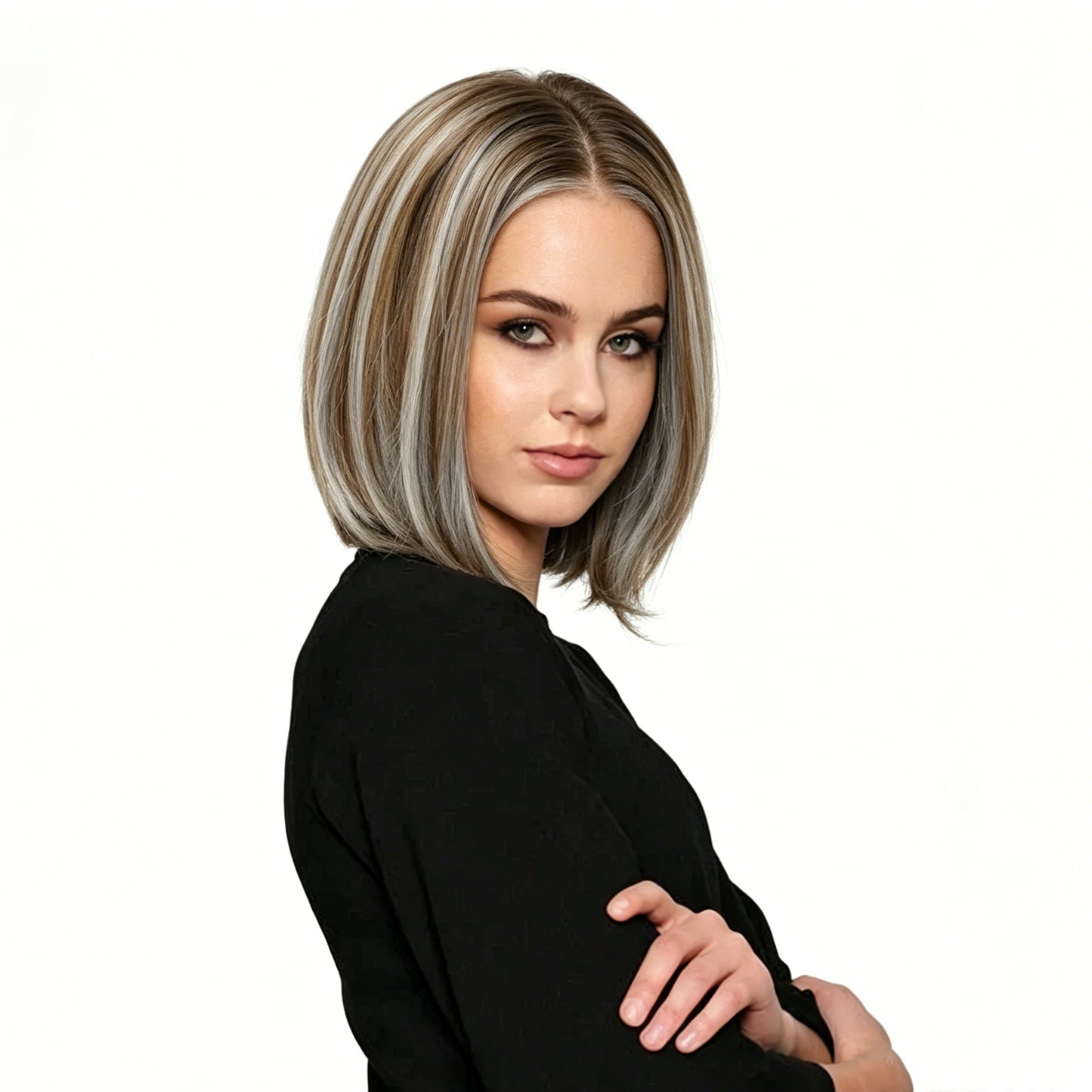 Blonde Brown Balayage Straight Shot Bob Synthetic Wig Mono Top Heat-Friendly
