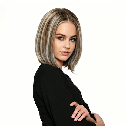 Blonde Brown Balayage Straight Shot Bob Synthetic Wig Mono Top Heat-Friendly