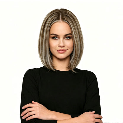 Blonde Brown Balayage Straight Shot Bob Synthetic Wig Mono Top Heat-Friendly