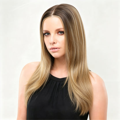 Honey Blonde Brown Long Straight Mono Top Synthetic Wig Beginner Friendly
