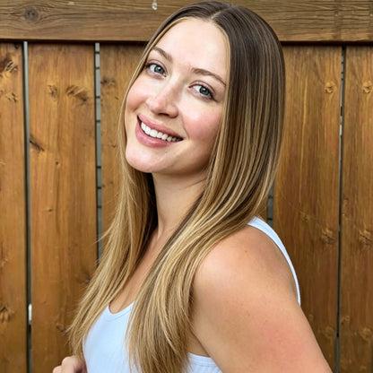 Honey Blonde Brown Long Straight Mono Top Synthetic Wig Beginner Friendly