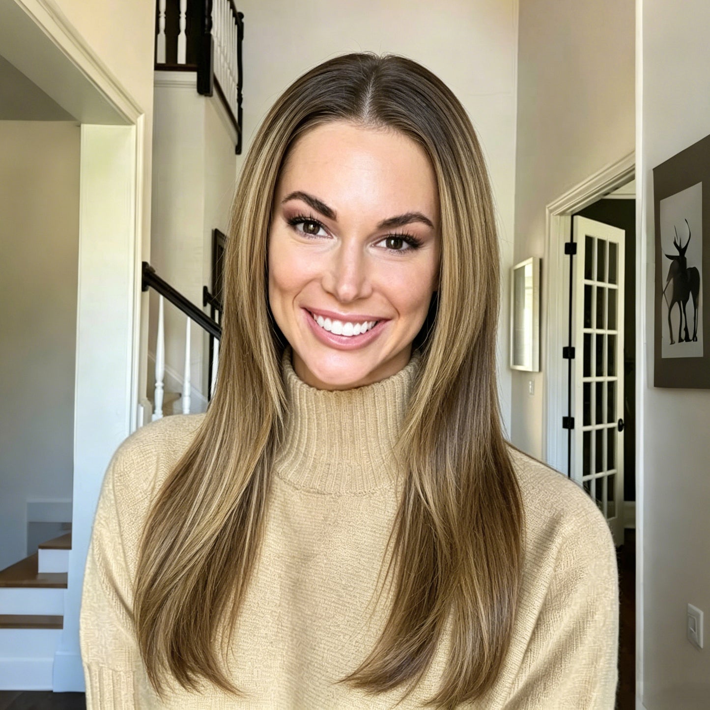 Dark Rooted Honey Blonde Long Straight Layered Synthetic Wig Mono Top