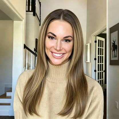 Dark Rooted Honey Blonde Long Straight Layered Synthetic Wig Mono Top