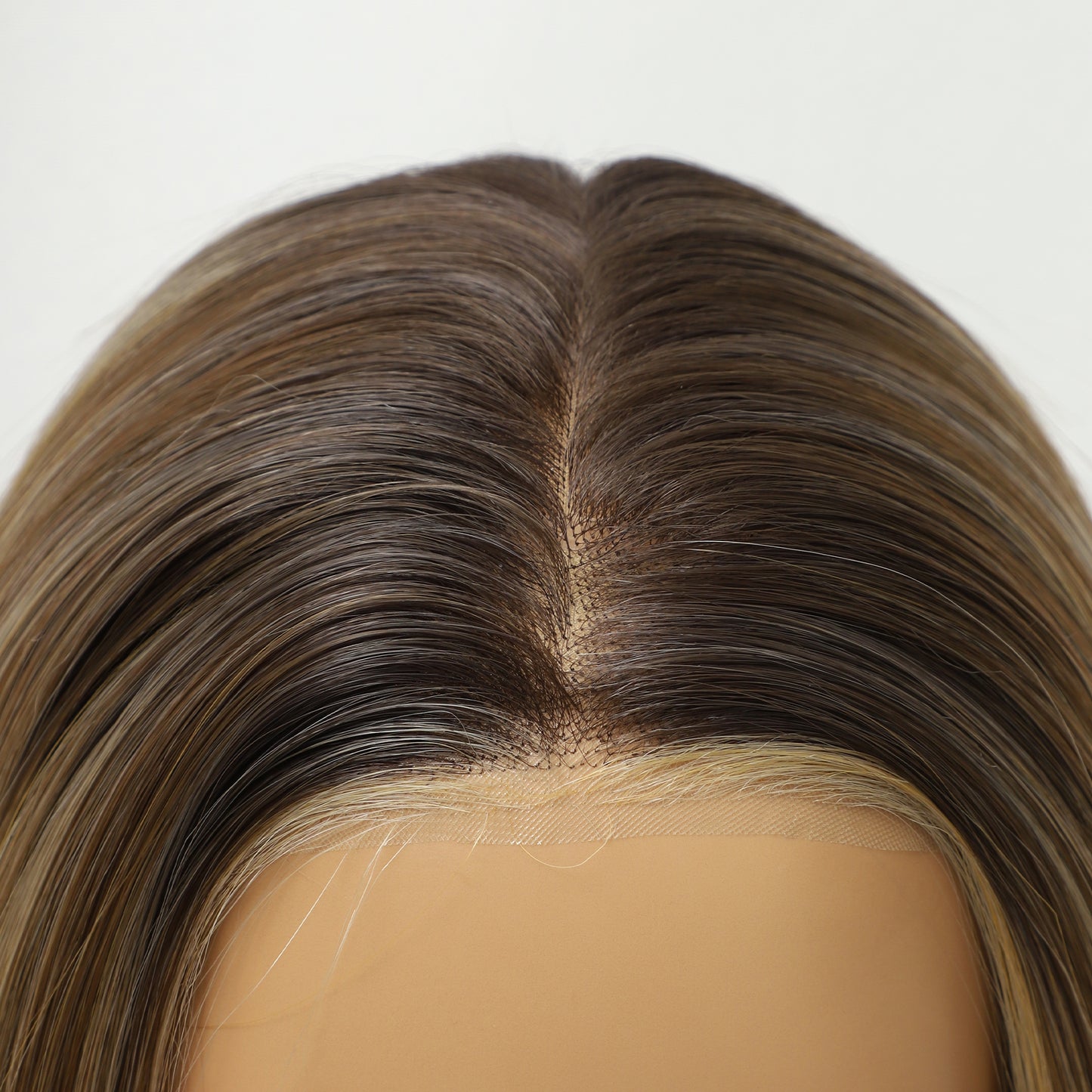 Dark Rooted Honey Blonde Long Straight Layered Synthetic Wig Mono Top
