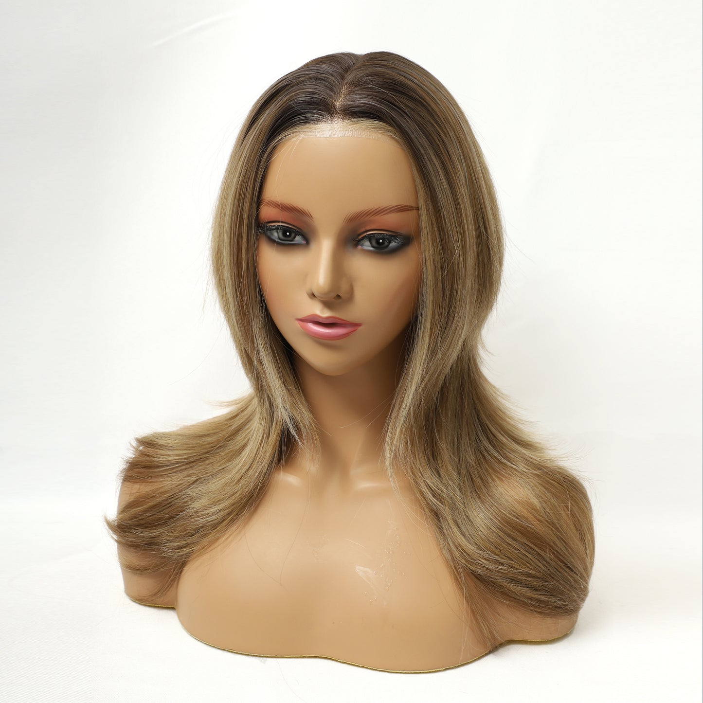 Dark Rooted Honey Blonde Long Straight Layered Synthetic Wig Mono Top