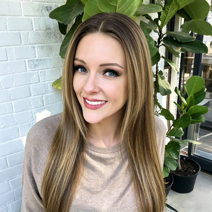 Dark Rooted Honey Blonde Long Straight Layered Synthetic Wig Mono Top