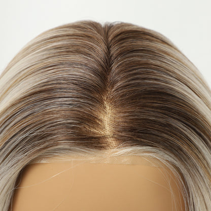 Dark Rooted Honey Blonde Long Straight Layered Synthetic Wig Mono Top