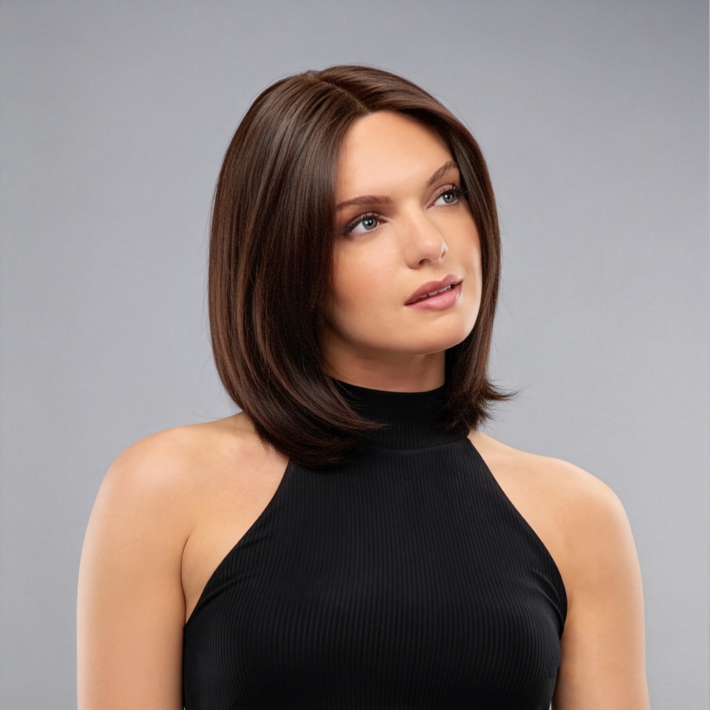 Chocolate Brown Shoulder-Length Sleek Bob Mono Top Synthetic Wig Natural Look