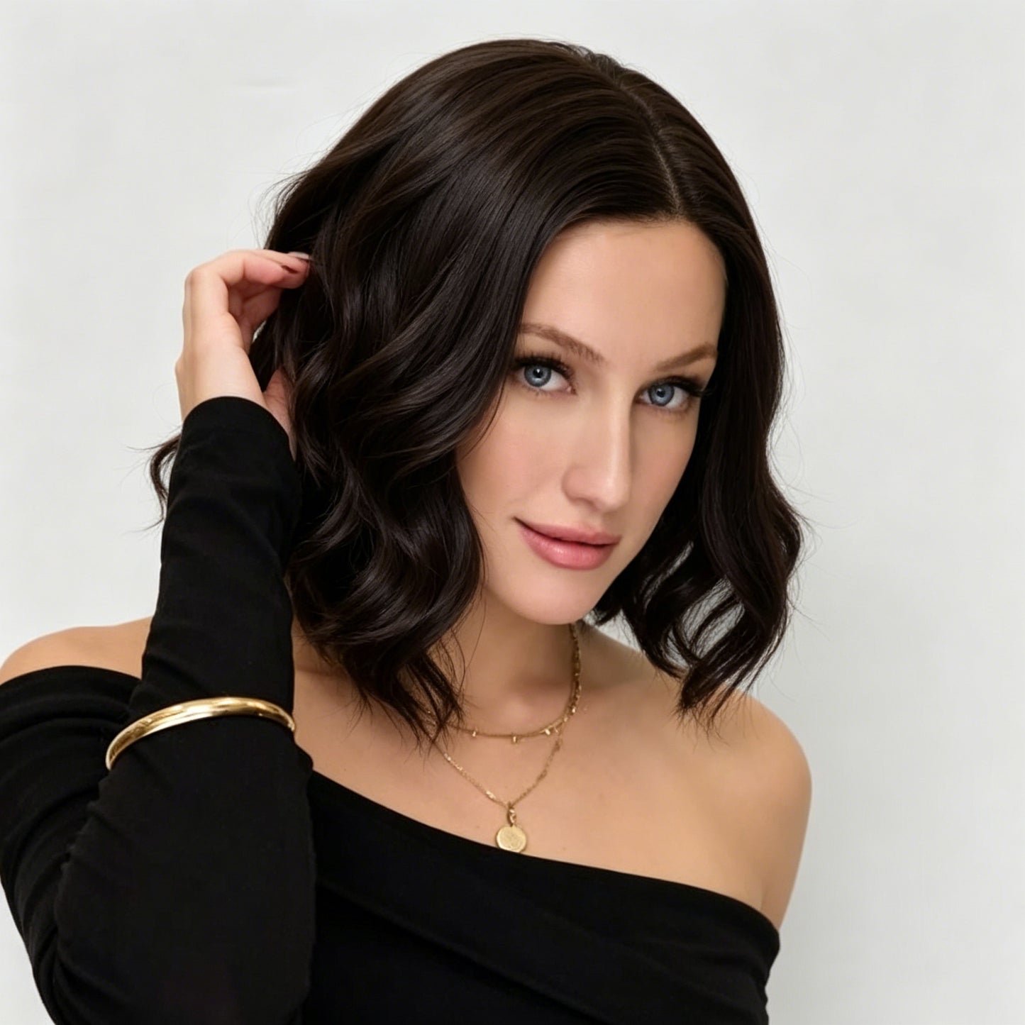 Natural Black Mid-Length Textured Wavy Bob Mono Top Synthetic Wig