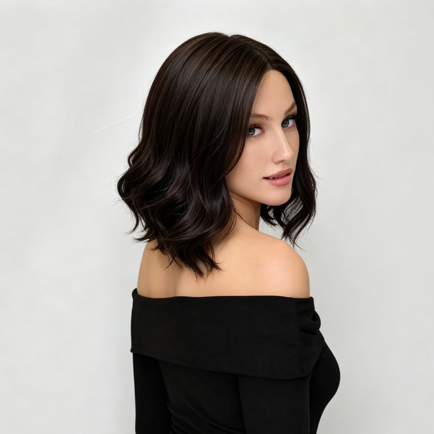 Natural Black Mid-Length Textured Wavy Bob Mono Top Synthetic Wig