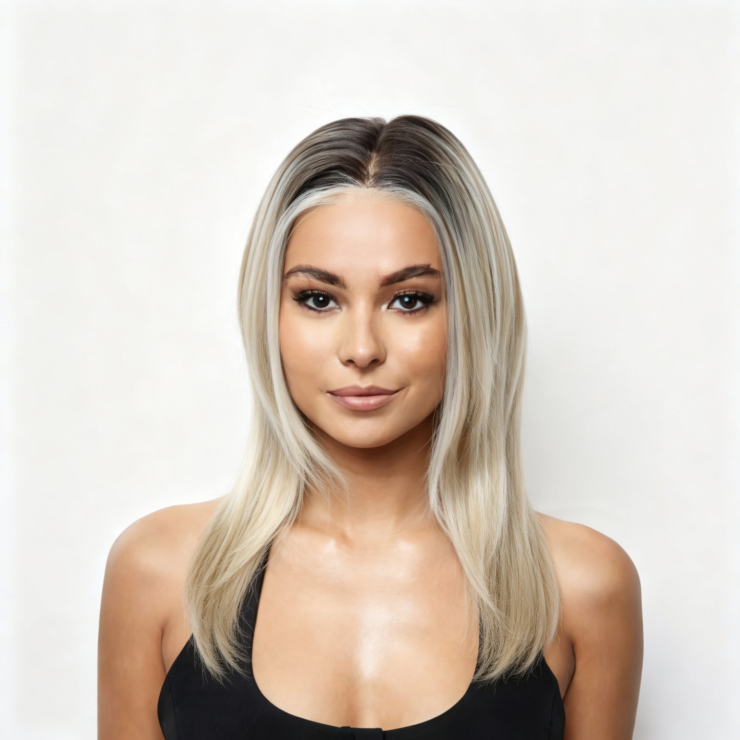 Dark Roots Platinum Blonde Shoulder Length Sleek Bob Mono Top Synthetic Wig