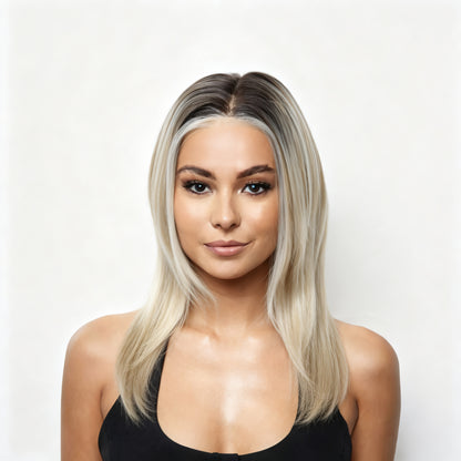 Dark Roots Platinum Blonde Shoulder Length Sleek Bob Mono Top Synthetic Wig