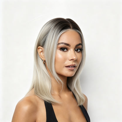 Dark Roots Platinum Blonde Shoulder Length Sleek Bob Mono Top Synthetic Wig