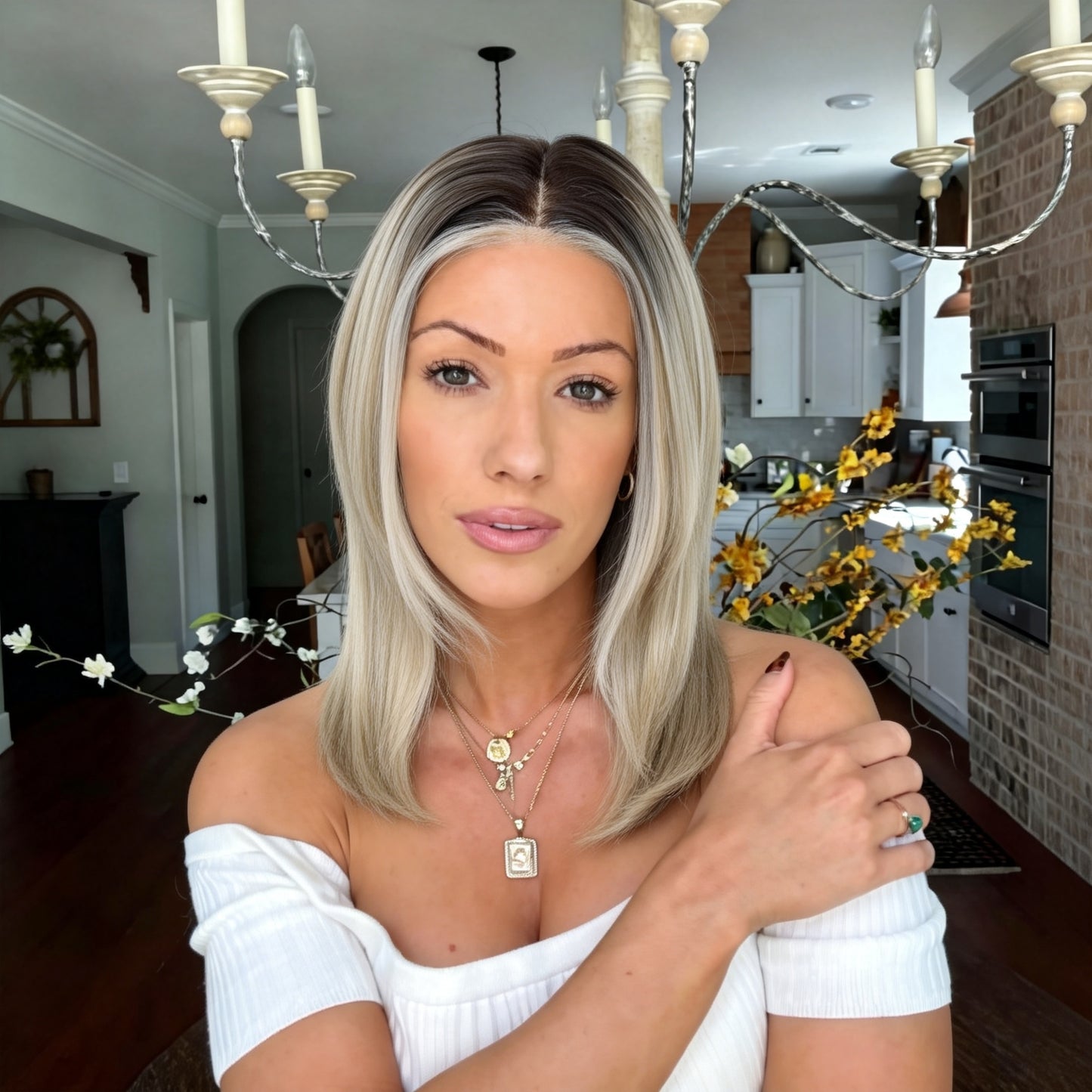 Dark Roots Platinum Blonde Shoulder Length Sleek Bob Mono Top Synthetic Wig