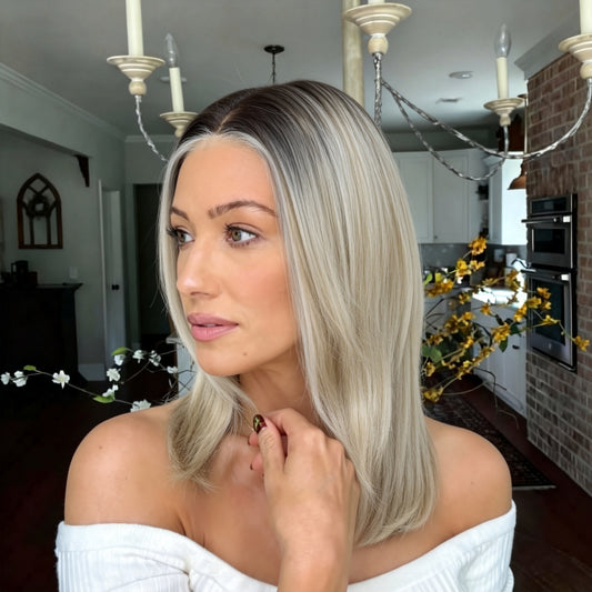 Dark Roots Platinum Blonde Shoulder Length Sleek Bob Mono Top Synthetic Wig