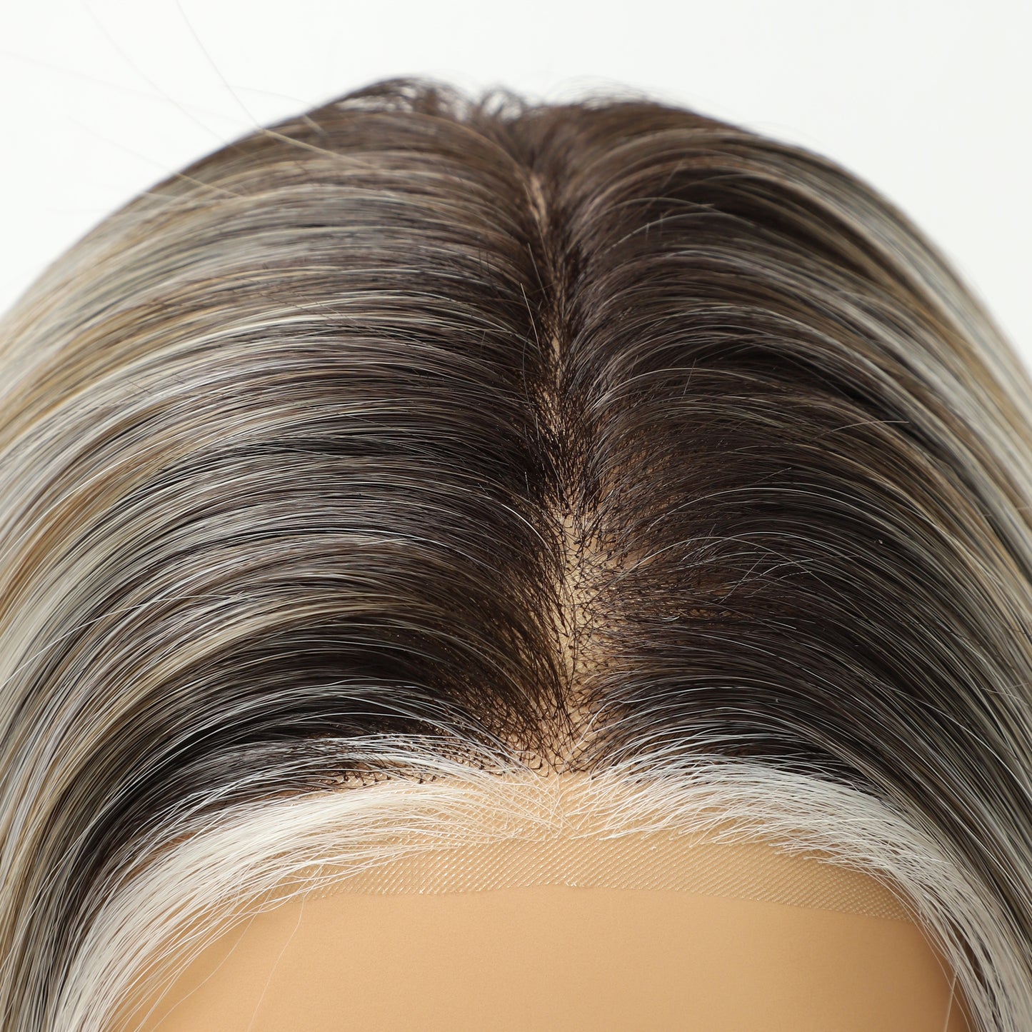 Dark Roots Platinum Blonde Shoulder Length Sleek Bob Mono Top Synthetic Wig