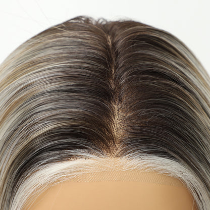 Dark Roots Platinum Blonde Shoulder Length Sleek Bob Mono Top Synthetic Wig