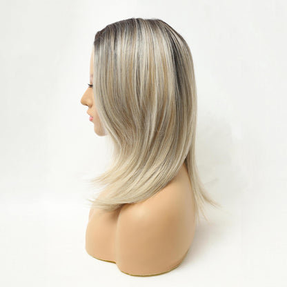 Dark Roots Platinum Blonde Shoulder Length Sleek Bob Mono Top Synthetic Wig