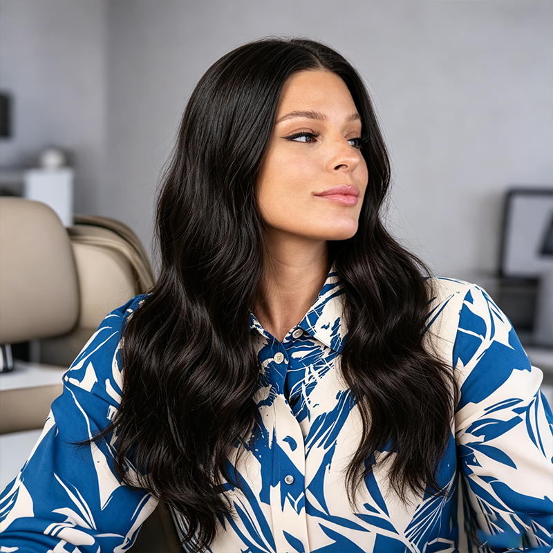 Natural Black Long Wavy Heat Friendly Synthetic Wig Mono Top